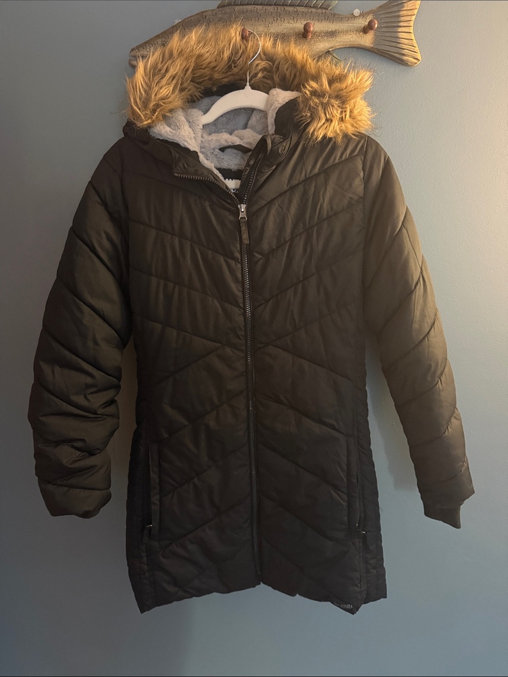 Lands End long black fur lined hooded parka sz large